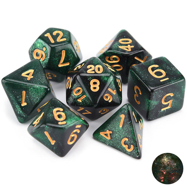 Conjunto de Dados para Rpg Nebula Glitter Verde com Preto com N° Dourado Conjunto de Dados para Rpg Nebula Glitter Verde com Preto com N° Dourado